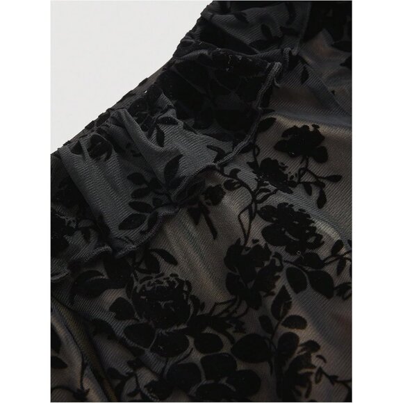 Women's Floral Mesh A Line Sleeveless Long Dress Ruffle Hem Elegant Casual - Picture 4 of 4